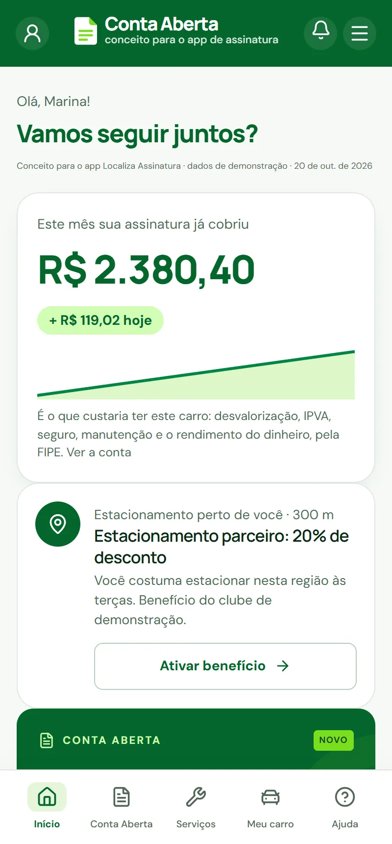 Tela inicial do Conta Aberta com o valor que a assinatura já cobriu no mês.