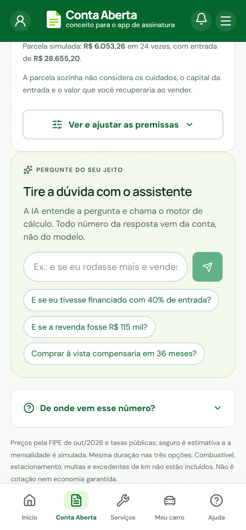 Comparação entre assinar e comprar, com premissas editáveis.