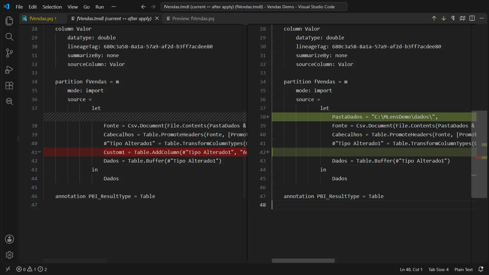 Diff do arquivo .tmdl antes e depois de aplicar uma query editada.