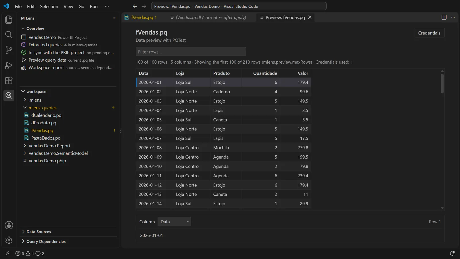 VS Code inteiro: barra lateral do M Lens, arquivos .pq extraídos e o preview dos dados rodando pelo PQTest.