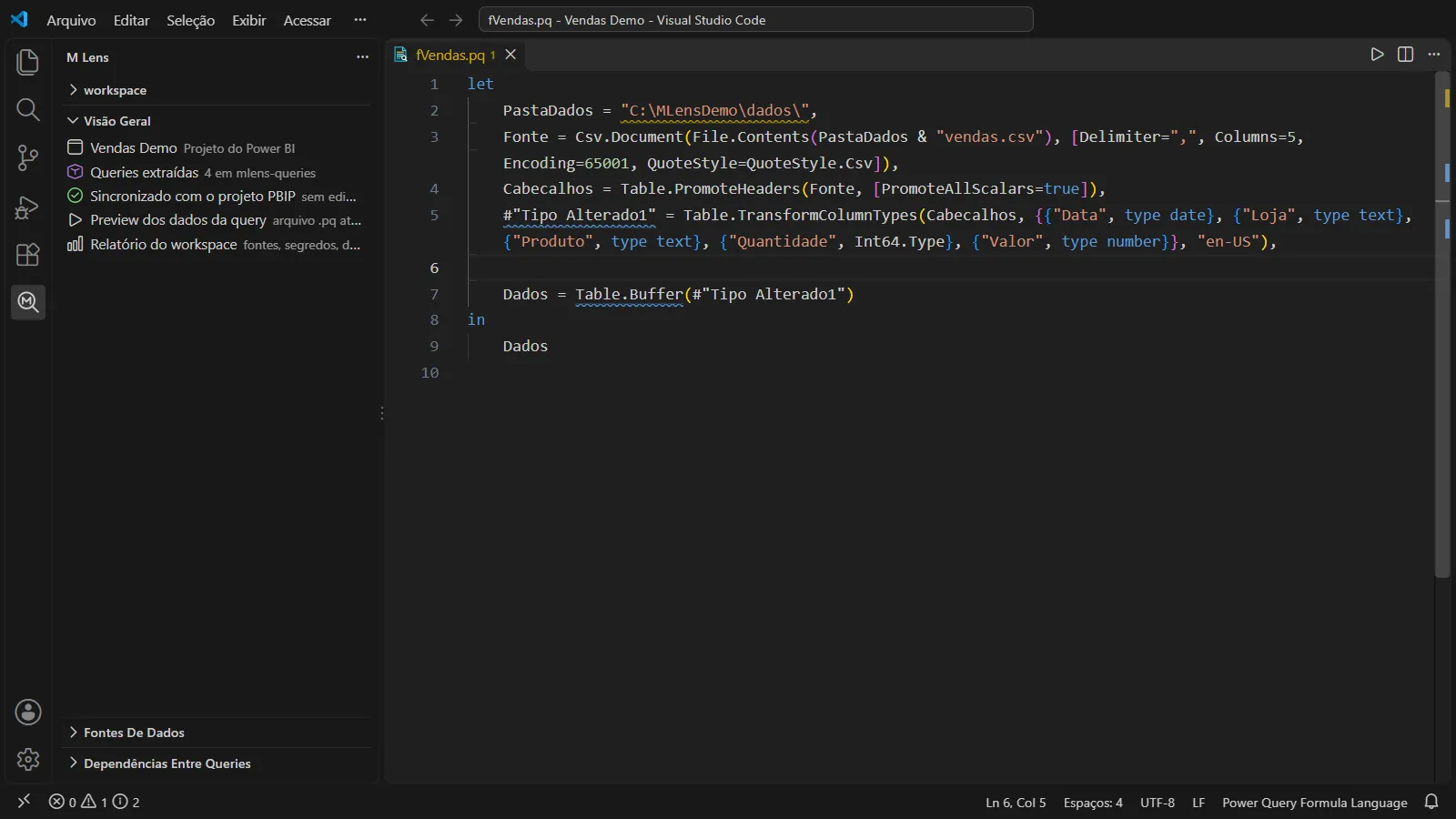 A mesma barra lateral em português, seguindo o idioma do VS Code.