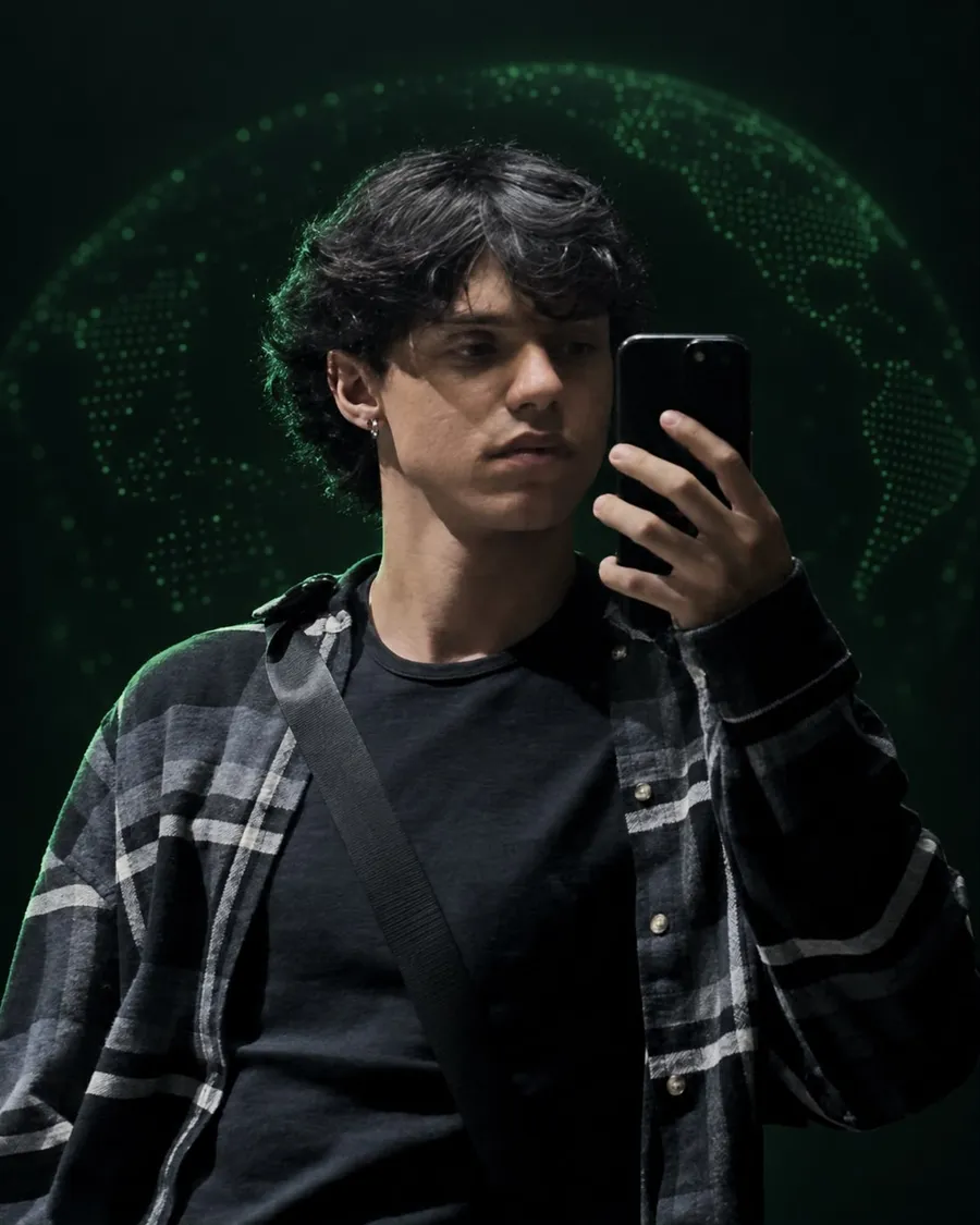 Foto de Gabriel Maciel de camisa xadrez, olhando para o celular, com um globo de pontos verdes ao fundo.